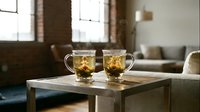 Two glass mugs with blooming flowering tea steaming on a wooden table in a cozy loft living room with brick walls and soft light.