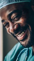 Close-up portrait of African American male healthcare worker in scrubs and surgical cap showing genuine joyful smile and positive emotional expression.