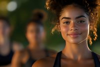 Young African American woman with curly hair smiling warmly in golden hour lighting for lifestyle and wellness content.