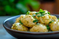 Fresh boiled baby potatoes seasoned with herbs, butter and parsley served in rustic brown ceramic bowl, close up view with selective focus and natural lighting.