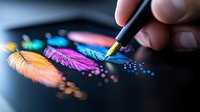 Colorful dots and lines drawn with brush on black paper, creating vibrant artistic pattern with orange, pink, purple and blue paint strokes and scattered dots.