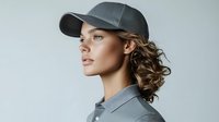 Young athletic woman in grey baseball cap and polo shirt with curly hair in ponytail looking away against neutral background, profile view portrait.