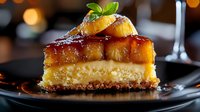 Layered sponge cake with caramelized pineapple topping and mint garnish on dark plate, fine dining dessert presentation for restaurant menus and culinary content.
