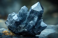 Raw blue quartz crystal cluster formation with geometric shapes and natural facets on dark stone background, showcasing mineral growth and crystalline structure.