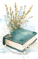 Vintage green book with golden ring, pearl necklace and yellow wildflowers on watercolor background, romantic nostalgic composition for wedding or anniversary.