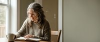 Senior Caucasian woman with gray hair reading book by window in cozy home interior with warm natural light and coffee cup for relaxation and leisure.