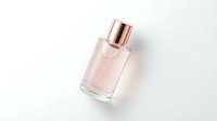 Elegant pink perfume bottle with rose gold cap on white background for luxury cosmetics and fragrance branding.