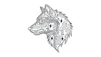 Wolf head with electronic circuit board pattern in black line art style on white background isolated for digital design projects.