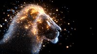 Majestic lion profile with glowing golden particles and sparkles creating cosmic effect against dark background, artistic fantasy wildlife composition.