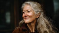 Elegant senior woman with long silver hair smiling warmly, showcasing natural aging beauty against dark background. Perfect for wellness, retirement, or lifestyle campaigns.