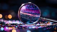 Magnifying glass revealing digital data stream with glowing particles and bokeh lights, representing data analysis, cybersecurity, and technology investigation for business and digital concepts.