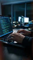 Software developer hands typing code on laptop keyboard in modern office workspace with multiple monitors and city lights background at night.
