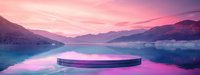 Minimalist product display platform floating on serene mountain lake at sunset with pink purple sky reflections for cosmetic beauty brand presentation.