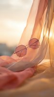 Stylish rose gold sunglasses resting on flowing fabric during golden hour sunset creating warm atmospheric lighting for fashion and lifestyle concepts.