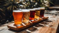 Beer flight tasting sampler with four craft brews on wooden paddle board in tropical outdoor setting with palm shadows for brewery marketing.