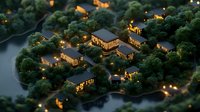Aerial view of illuminated luxury resort cottages nestled among trees at dusk, with warm glowing windows reflecting on tranquil lake waters creating cozy atmosphere.