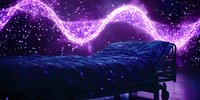 Magical purple light stream flowing over empty bed at night, glowing particles creating ethereal atmosphere in dark bedroom with mystical ambiance.