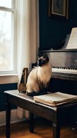 Siamese cat sitting on piano bench in elegant music room with grand piano, sheet music, and natural window light for classical music and pet lifestyle concepts.