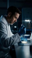 Middle-aged male scientist or researcher of Caucasian ethnicity conducting laboratory experiment at night, wearing white coat and blue gloves, pipetting liquid sample in modern lab setting.