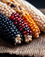 Colorful ornamental corn varieties with black, red, orange and white kernels arranged on rustic burlap fabric, showing natural agricultural diversity in macro view.