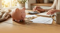 Woman calculating personal finances with pink piggy bank and coins on wooden table for budgeting and savings planning at home office workspace.
