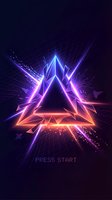 Futuristic neon triangle with electric lightning effects and grid background for gaming interface design and digital art projects.
