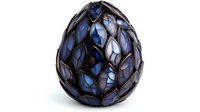 Decorative dragon egg in dark blue and silver stained glass mosaic style on white background, fantasy art object with metallic scales pattern.