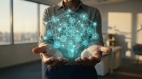 Businessman holding glowing digital network with interconnected icons and data nodes, representing technology, connectivity, and digital transformation in modern business environment.