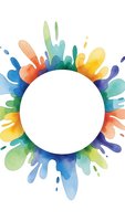Vibrant watercolor paint splashes forming circular frame with rainbow colors on white background for creative design projects and artistic presentations.