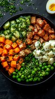 Colorful buddha bowl with glazed tofu, roasted butternut squash, cucumber, green peas, boiled egg and fresh herbs served on black plate. Perfect for healthy eating.
