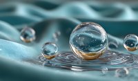 Water droplets creating ripples on turquoise fabric surface with crystal clear spheres reflecting light in macro photography composition.