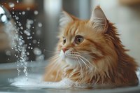 Orange tabby cat enjoying bath time with water splashing around fluffy fur in modern bathroom sink for pet care and grooming content.