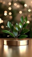 Green leaves branch on golden metallic platform against blurred bokeh lights background, luxury minimal nature concept for cosmetic product presentation.
