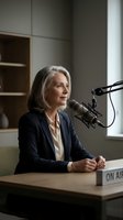 Professional mature woman with gray hair speaking into microphone at radio station desk during live broadcast interview.