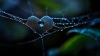 Delicate heart shape formed by morning dew drops on spider web against dark background, creating magical natural macro photography with bokeh effect and blue highlights.