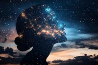 Female silhouette profile against night sky filled with stars and galaxies, double exposure effect showing cosmic universe within human consciousness.