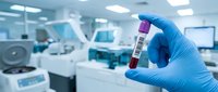 Medical laboratory technician in blue gloves holding blood sample tube in modern clinical research facility for diagnostic testing and analysis.