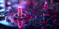 Glowing spiral coil on futuristic circuit board with neon pink and blue lighting effects, macro photography showcasing electronic components in cyberpunk style.