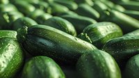 Fresh green cucumbers with water drops arranged in rows, macro view showing natural texture and glossy surface for food and agriculture concepts.