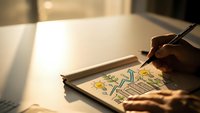Person drawing colorful business growth chart with upward arrow on notebook at desk with warm natural lighting for planning and strategy concepts.