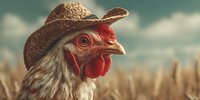 Rooster wearing straw cowboy hat in golden wheat field during sunset. Farm animal portrait with western style headwear for agricultural and rural lifestyle concepts.