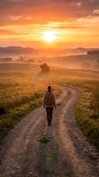 Woman hiker with backpack walking on rural dirt road through misty golden sunrise landscape with rolling hills and trees for travel and adventure concepts.