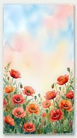 Watercolor poppy field with pastel sky, red and orange blooms, green stems, soft dreamy background with copy space for cards.