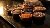 Assorted legumes and grains in wooden bowls on dark surface. Variety of lentils, beans, chickpeas for healthy cooking and nutrition concepts.