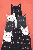 Cute black and white cat faces arranged in group formation on coral background with rosy cheeks and whiskers, cartoon style illustration for children decor and stationery.