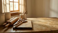 Traditional woodworking tools on rustic wooden workbench in sunlit workshop. Vintage carpentry equipment for handmade furniture and craft projects.
