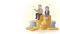 Senior businessman and businesswoman sitting on stacks of golden coins representing financial success and retirement planning for corporate presentations.