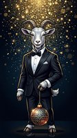 Anthropomorphic goat character wearing formal black tuxedo with bow tie and white gloves, holding ornate holiday ornament against golden sparkling bokeh background. Elegant festive illustration.