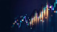 Financial market data visualization with colorful candlestick chart showing trading patterns and price movements on dark background for investment analysis.