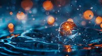Glowing orange sphere floating on rippling water surface with bokeh lights and water drops creating magical atmospheric effect in blue tones.